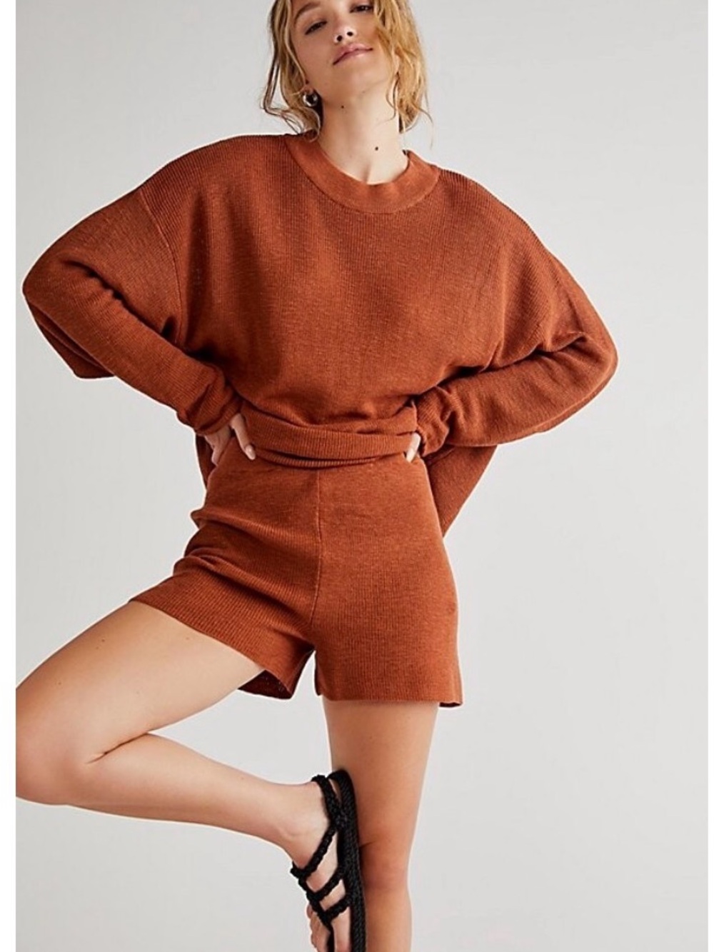 Free People Beach Malibu Surf Set Shorts & Oversized Knit Sweater Size L Sienna